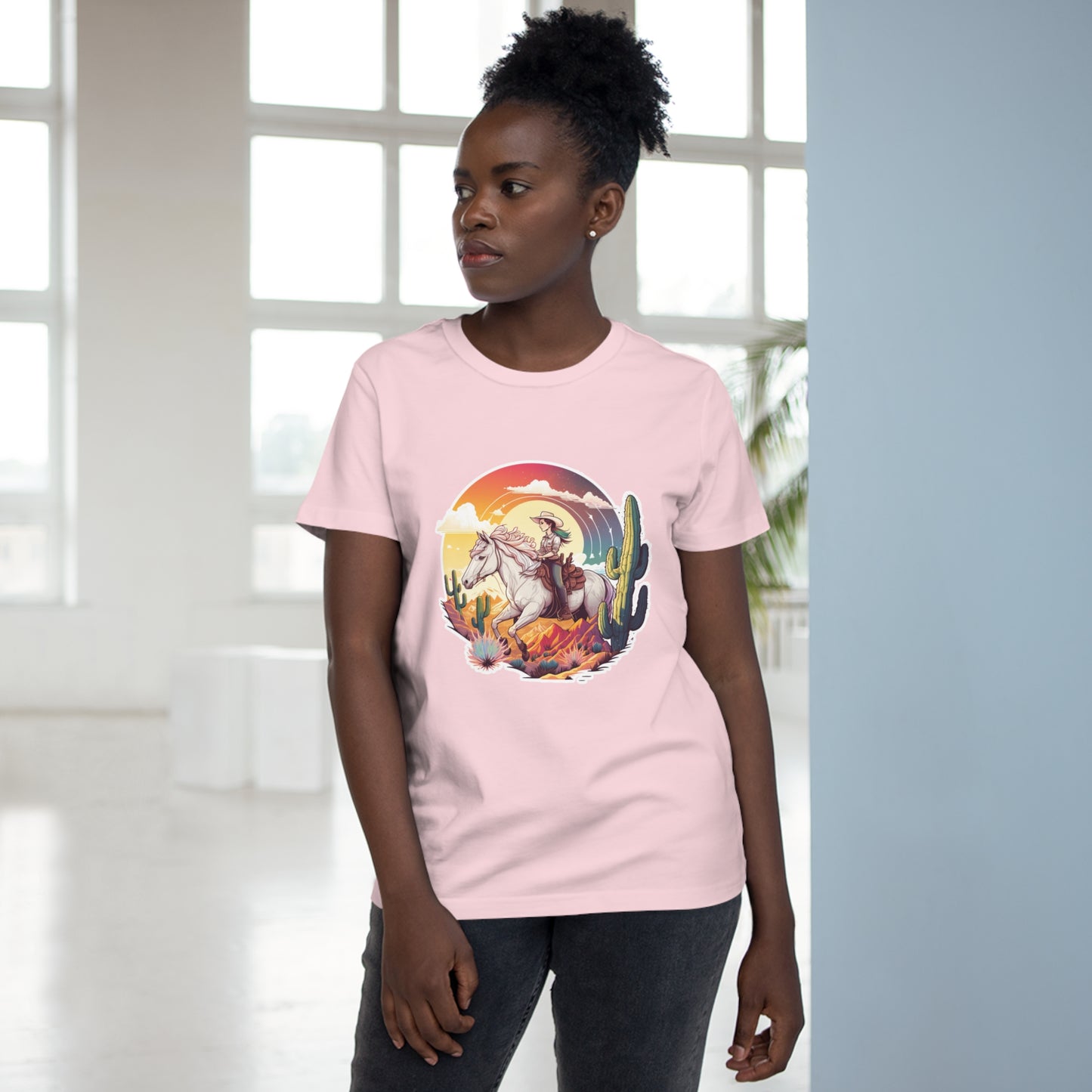Load image into Gallery viewer, Women’s Sunset Cowgirl crew neck t-shirt

