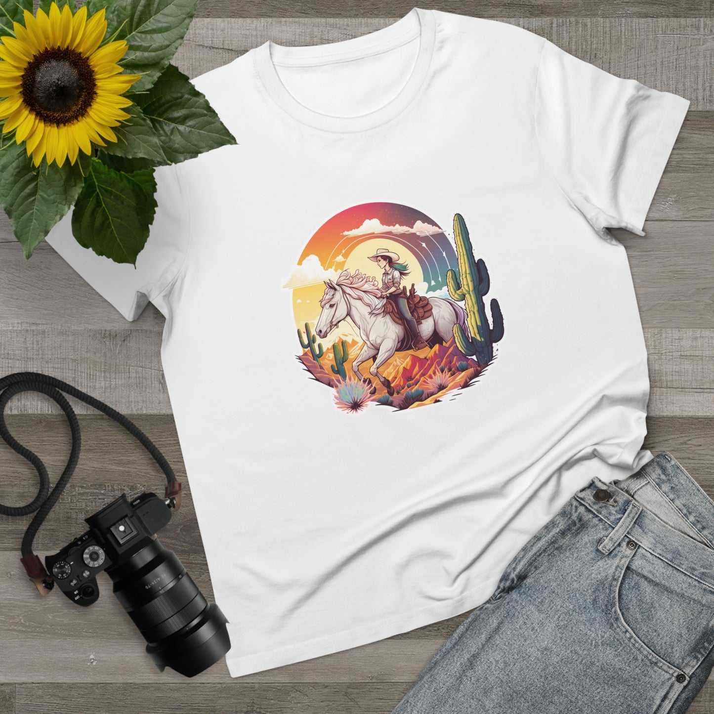 Load image into Gallery viewer, Women’s Sunset Cowgirl crew neck t-shirt
