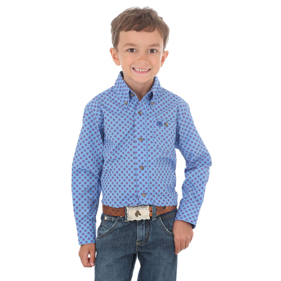 Load image into Gallery viewer, Boy&amp;#39;s Wrangler Classic Printed L/S Shirt Blue/ Red
