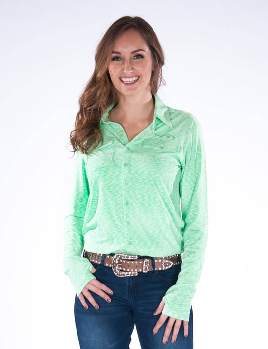 Load image into Gallery viewer, Women&amp;#39;s Cowgirl Tuff Cosmic Lime Jersey Pullover Shirt
