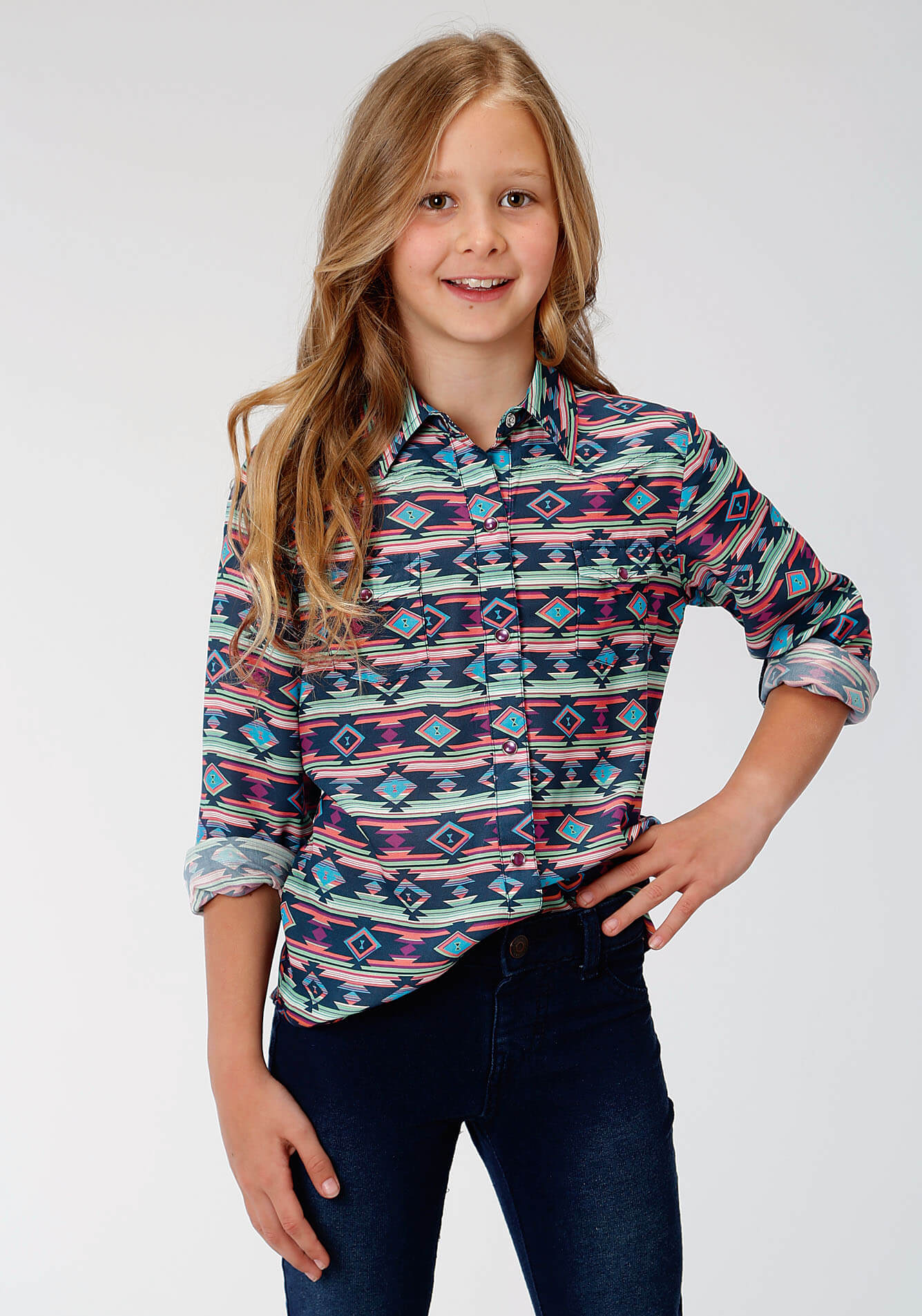 Load image into Gallery viewer, Girl&amp;#39;s Roper Five Star Blue Long Sleeve Shirt
