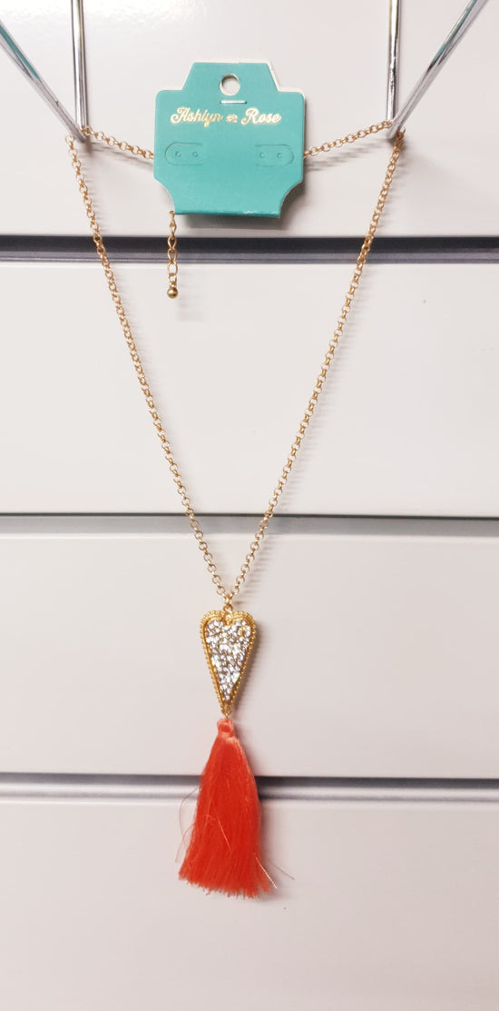 Lasting Love Coral Tassel and Crystal Heart Necklace