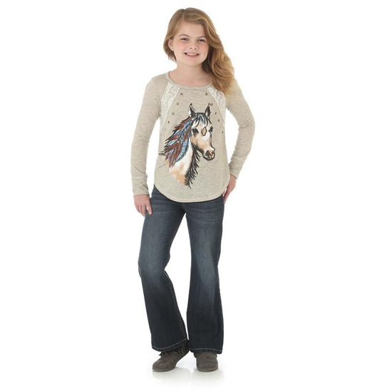 Girl's Wrangler Horse Graphic Top Lace Insets L/S Shirt - Diamond K Country