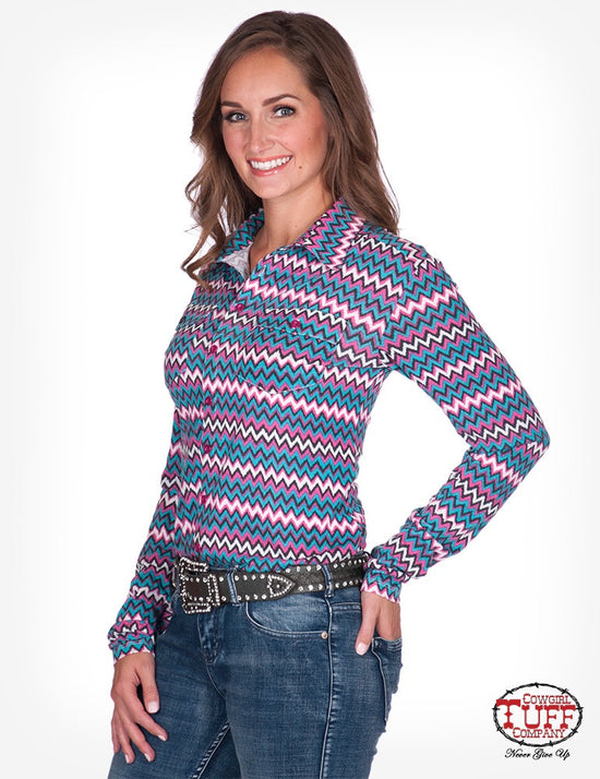 Women's Cowgirl Tuff - Colourful Chevron Sport Jersey Pullover Button-Up