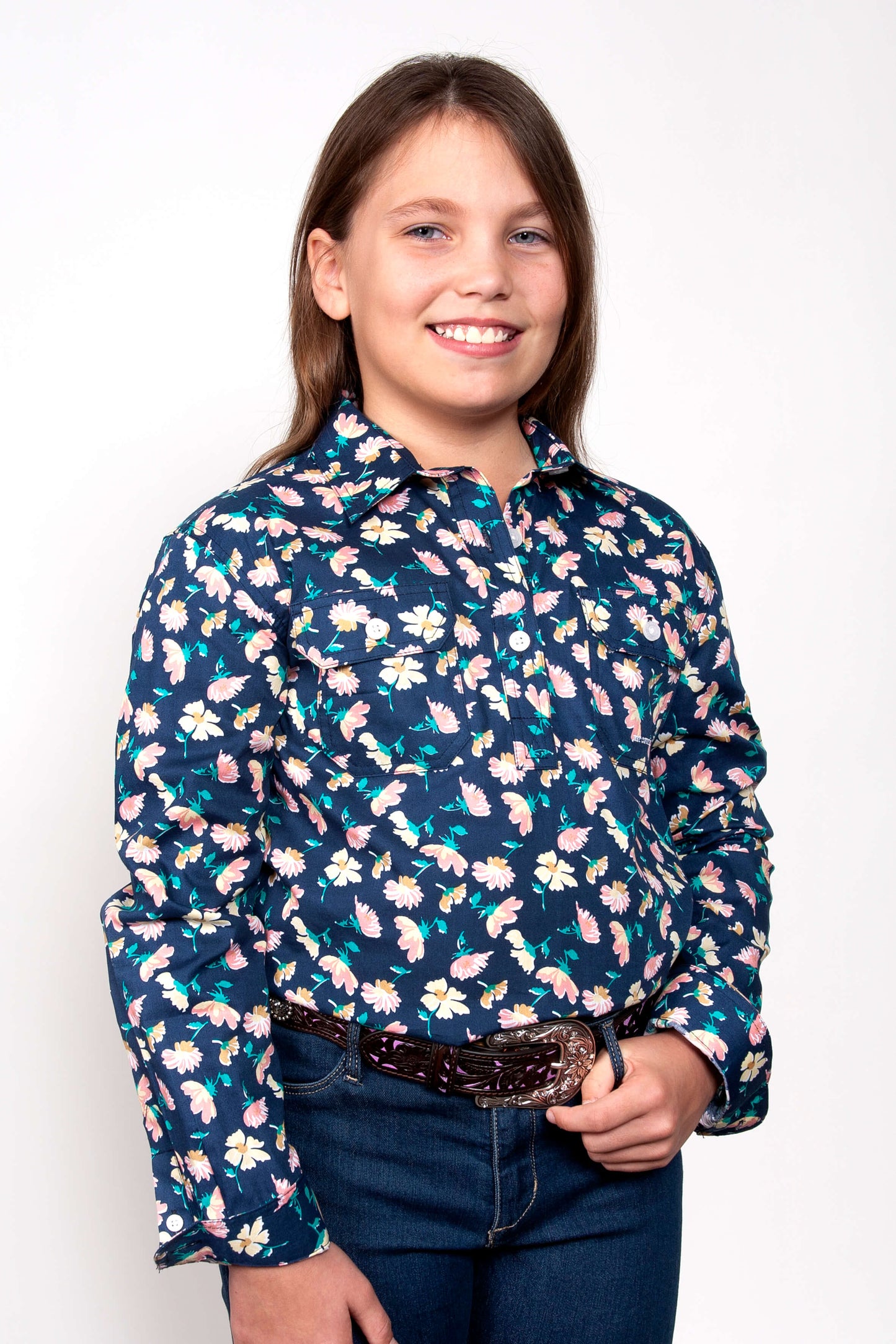 Load image into Gallery viewer, Girl&amp;#39;s Just Country Harper Half Button Pattern Shirt
