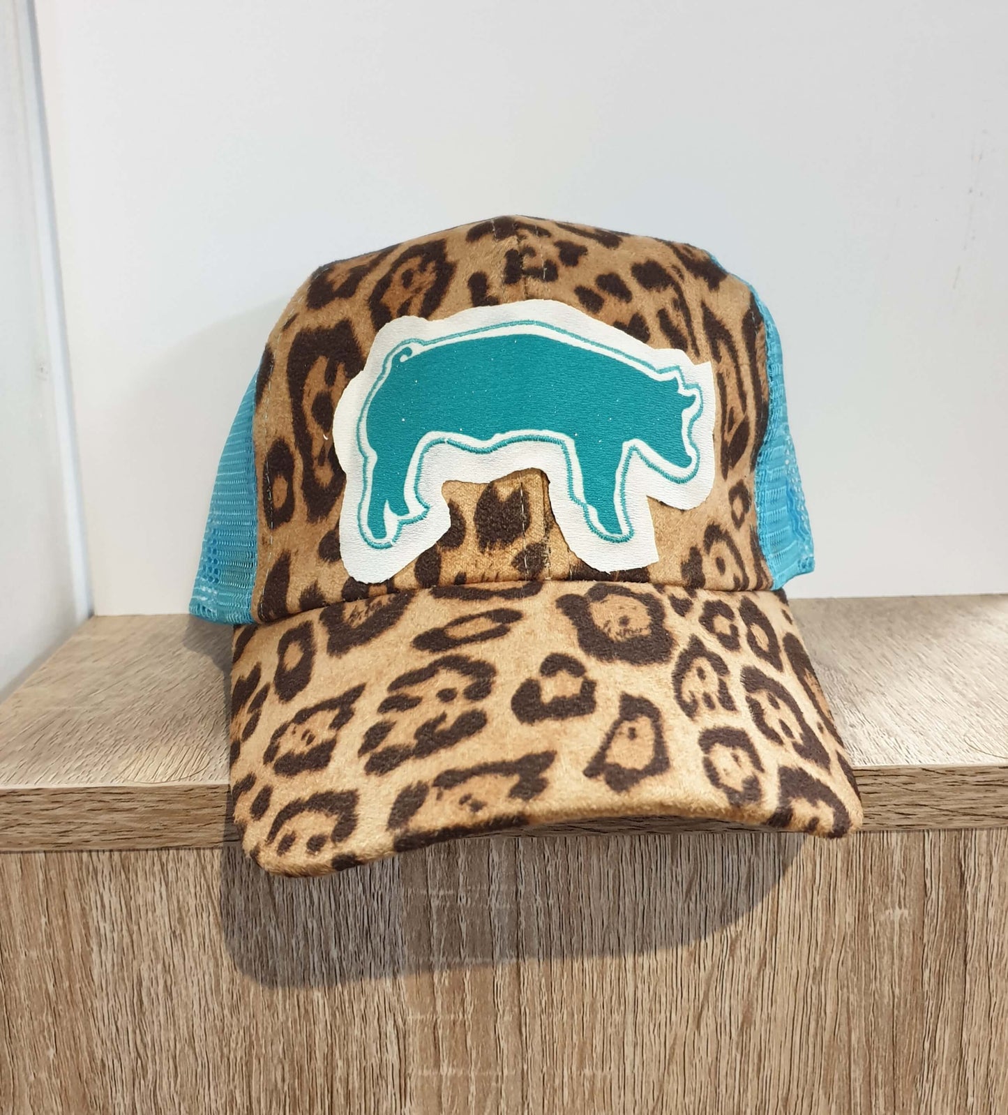 Girl's Sparkle Pig  Leopard Print and Turquoise Mesh Cap