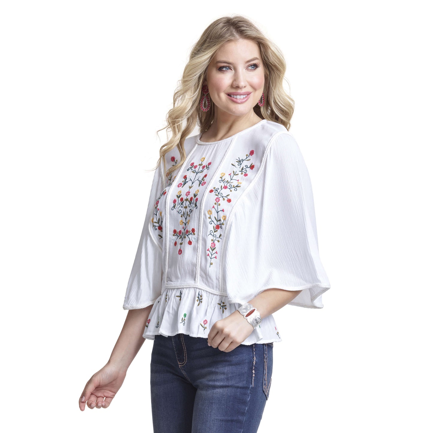 Load image into Gallery viewer, Women&amp;#39;s Wrangler Short Sleeve Embroidered Peasant Blouse
