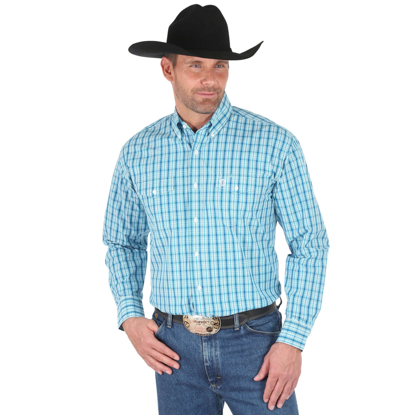 Men's Wrangler George Strait Plaid Shirt L/S Teal