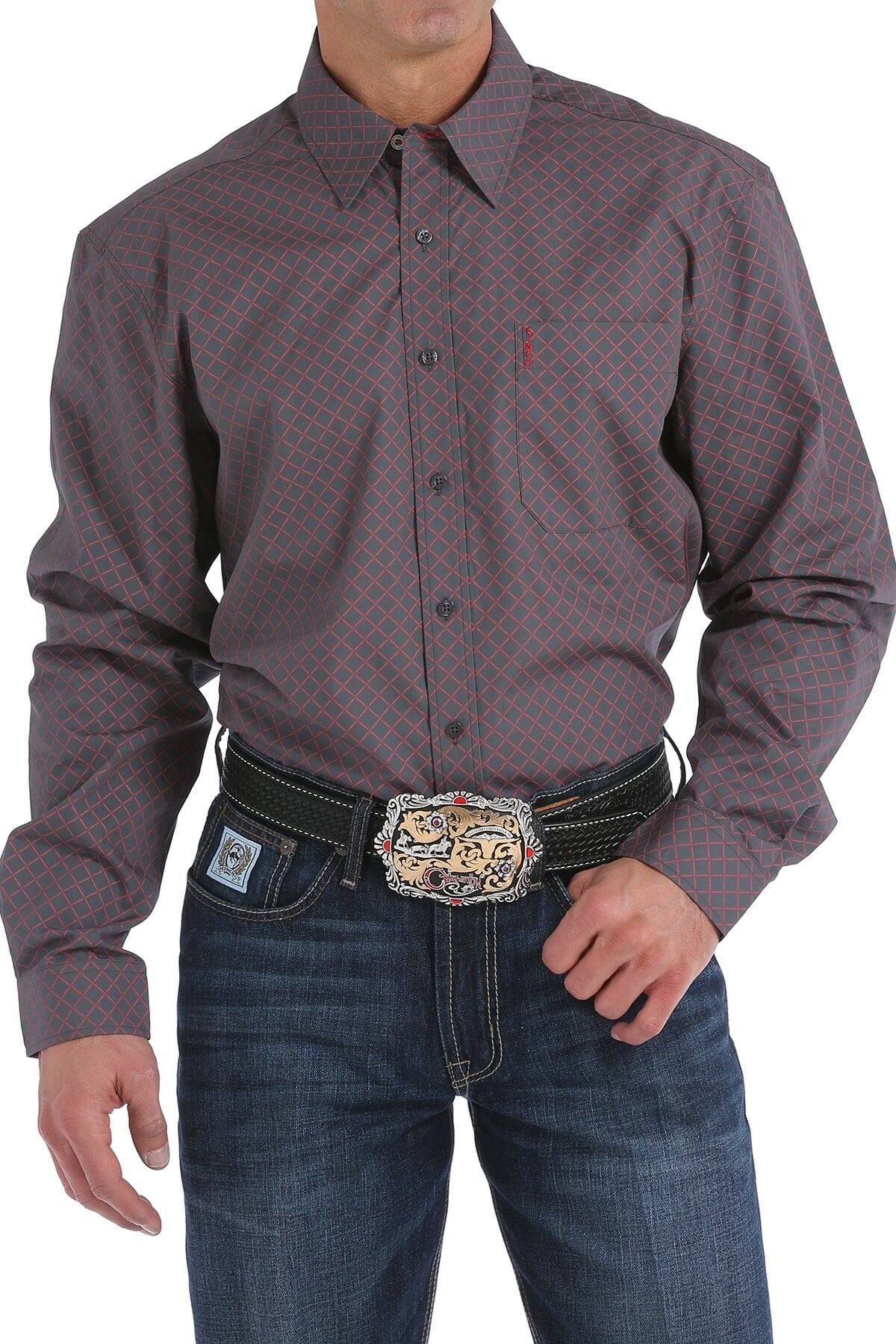 Load image into Gallery viewer, Men&amp;#39;s Cinch Modern Fit Charcoal and Red Diamond Print Shirt

