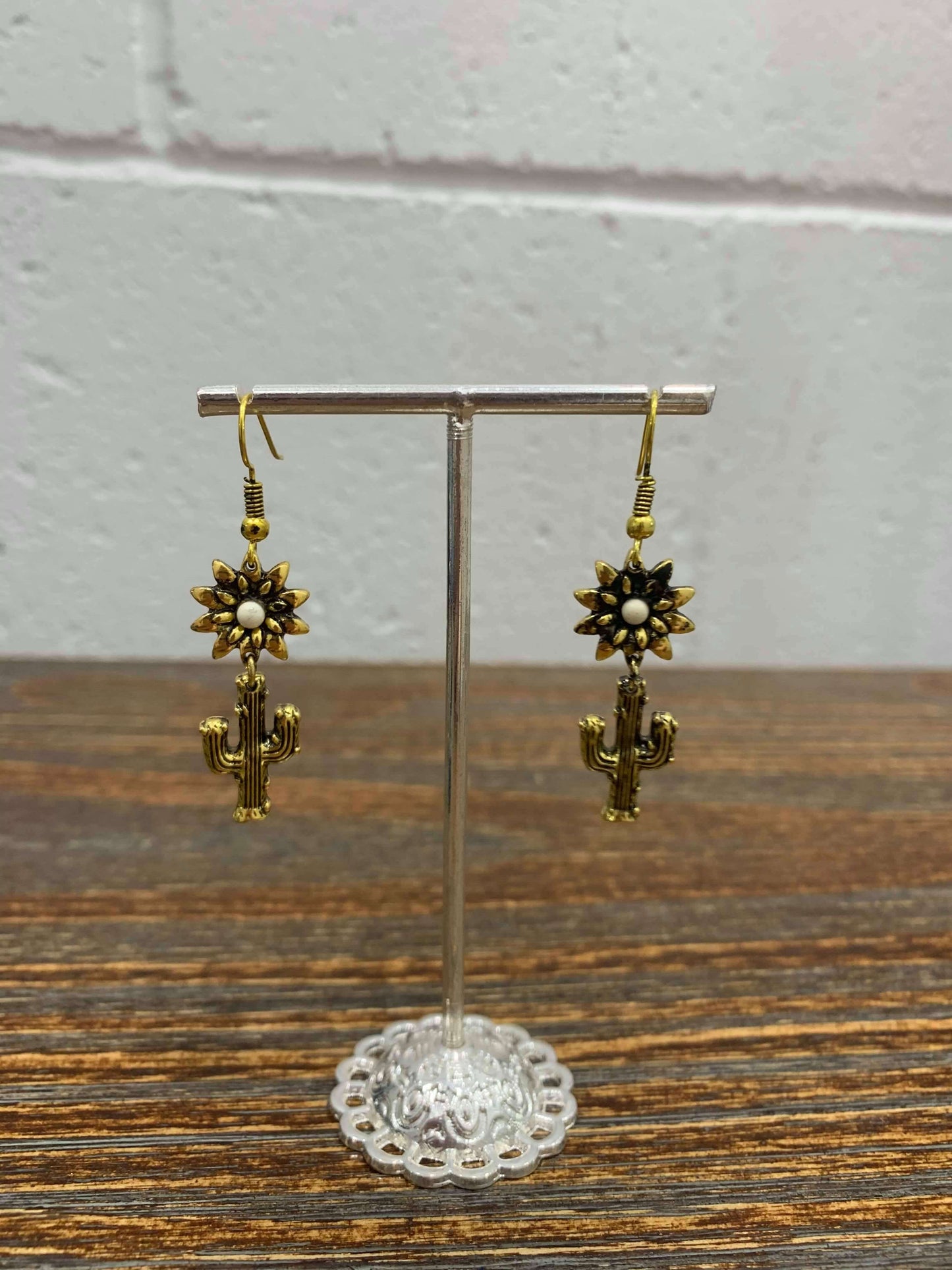 Load image into Gallery viewer, Vintage Flower and Cactus Gold Drop Earrings
