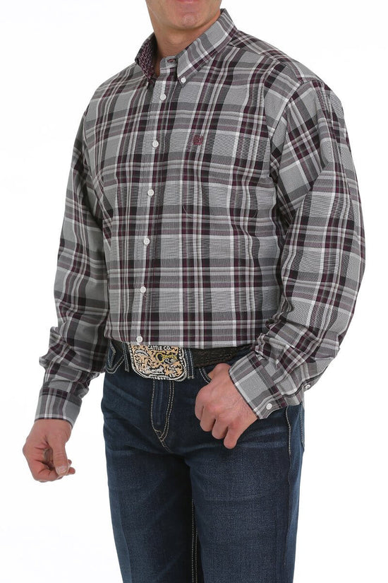Load image into Gallery viewer, Men&amp;#39;s Cinch Grey, Purple &amp;amp; Olive Plaid Long Sleeve Shirt
