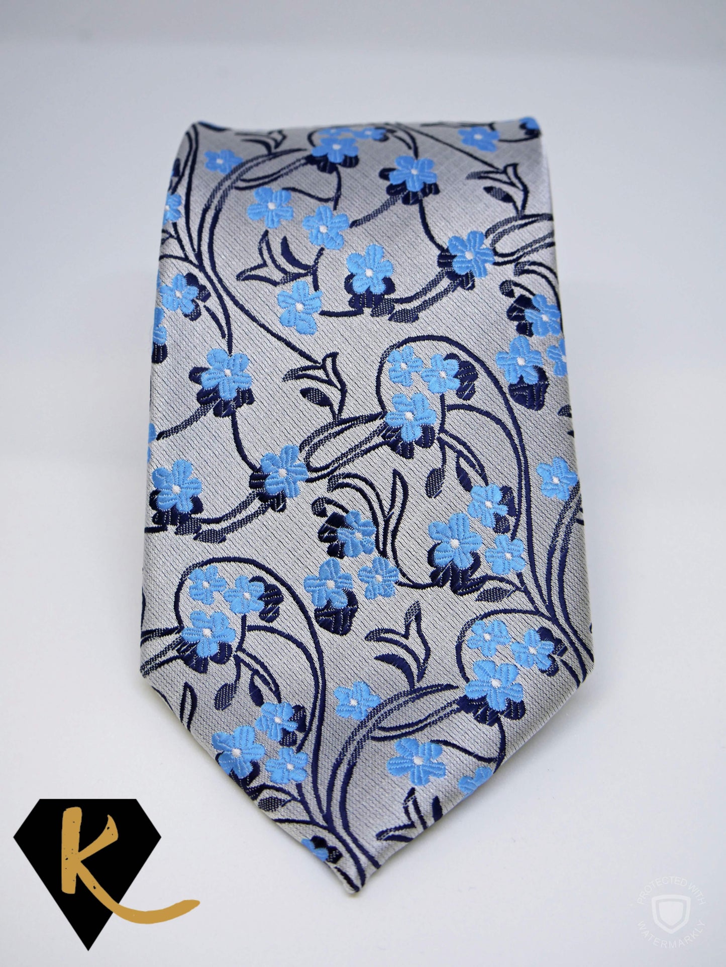 Men's Grey and Blue Paisley Floral Necktie