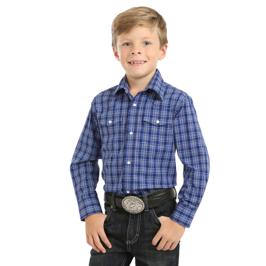 Load image into Gallery viewer, Boys Wrangler Blue Plaid Wrinkle Free Snap Long Sleeve Shirt
