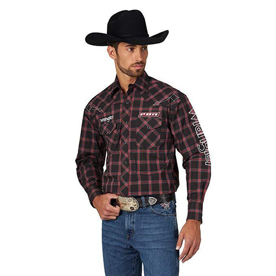 Men's Wrangler PBR Black & Red Plaid Long Sleeve Shirt