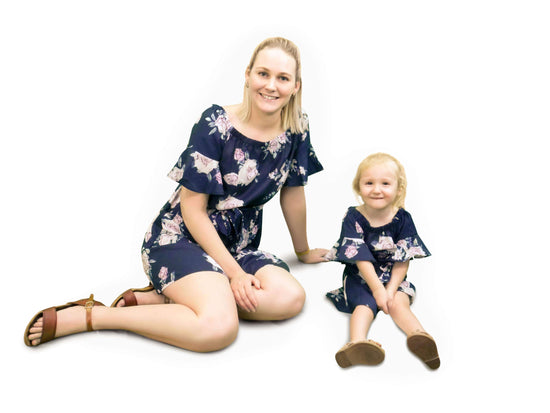 Kid's Navy Floral Off The Shoulder Dress - Matching Mummy and Me