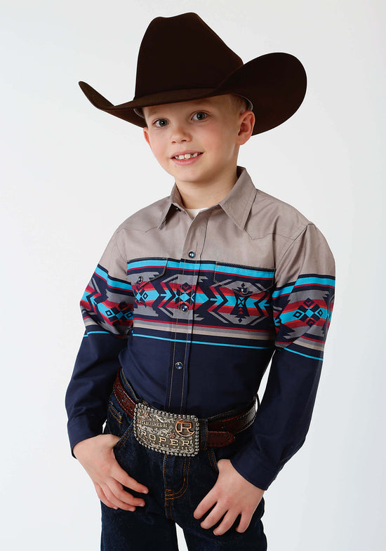 Load image into Gallery viewer, Boy&amp;#39;s Roper West Made Blue Long Sleeve Shirt
