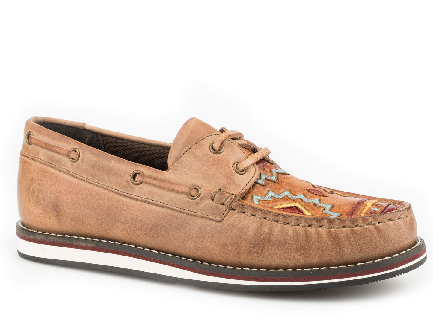 Load image into Gallery viewer, Women&amp;#39;s Roper Cheyenne Aztec Tooled Tan Leather Mocs
