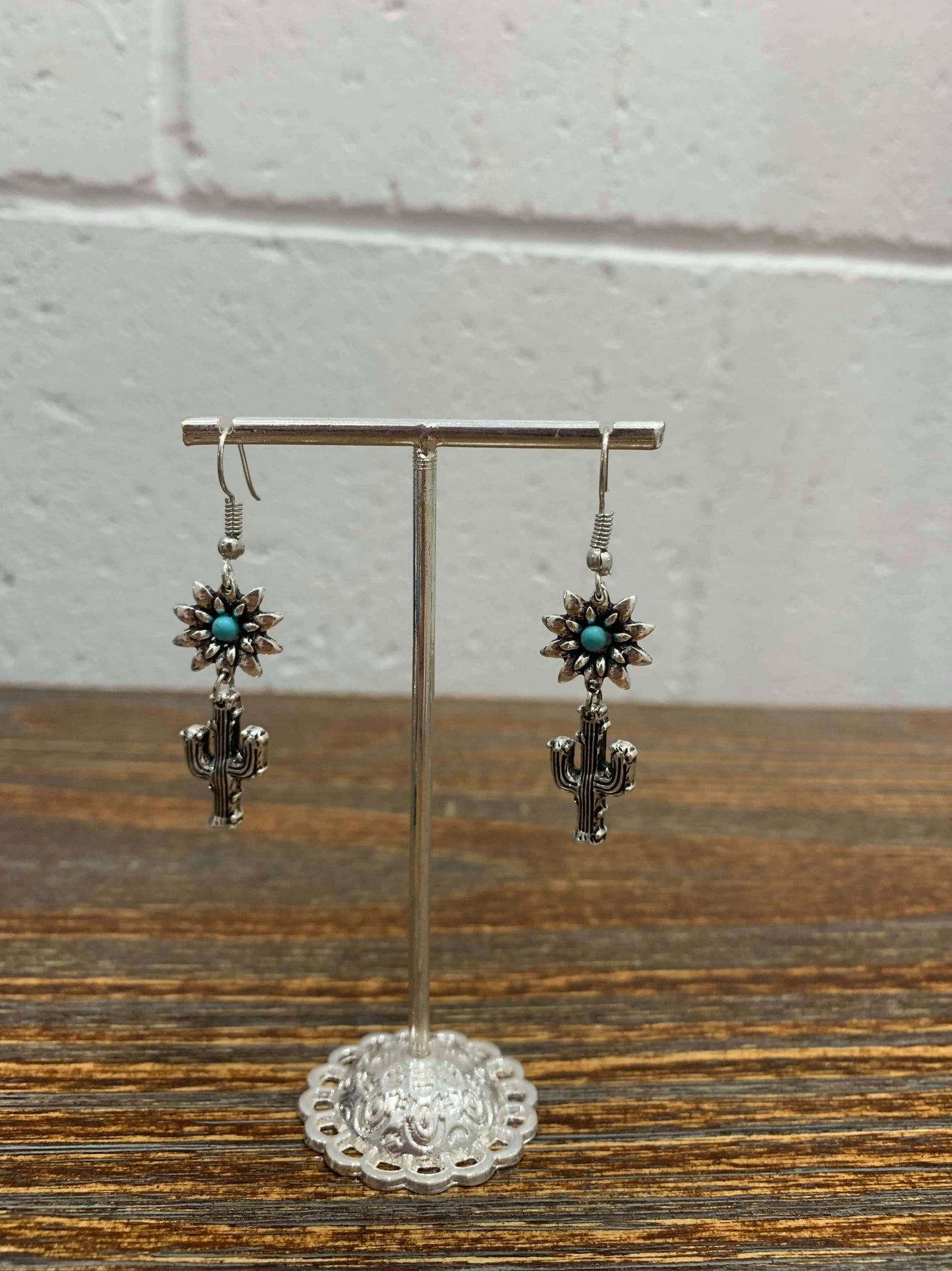 Vintage Flower and Cactus Silver Drop Earrings