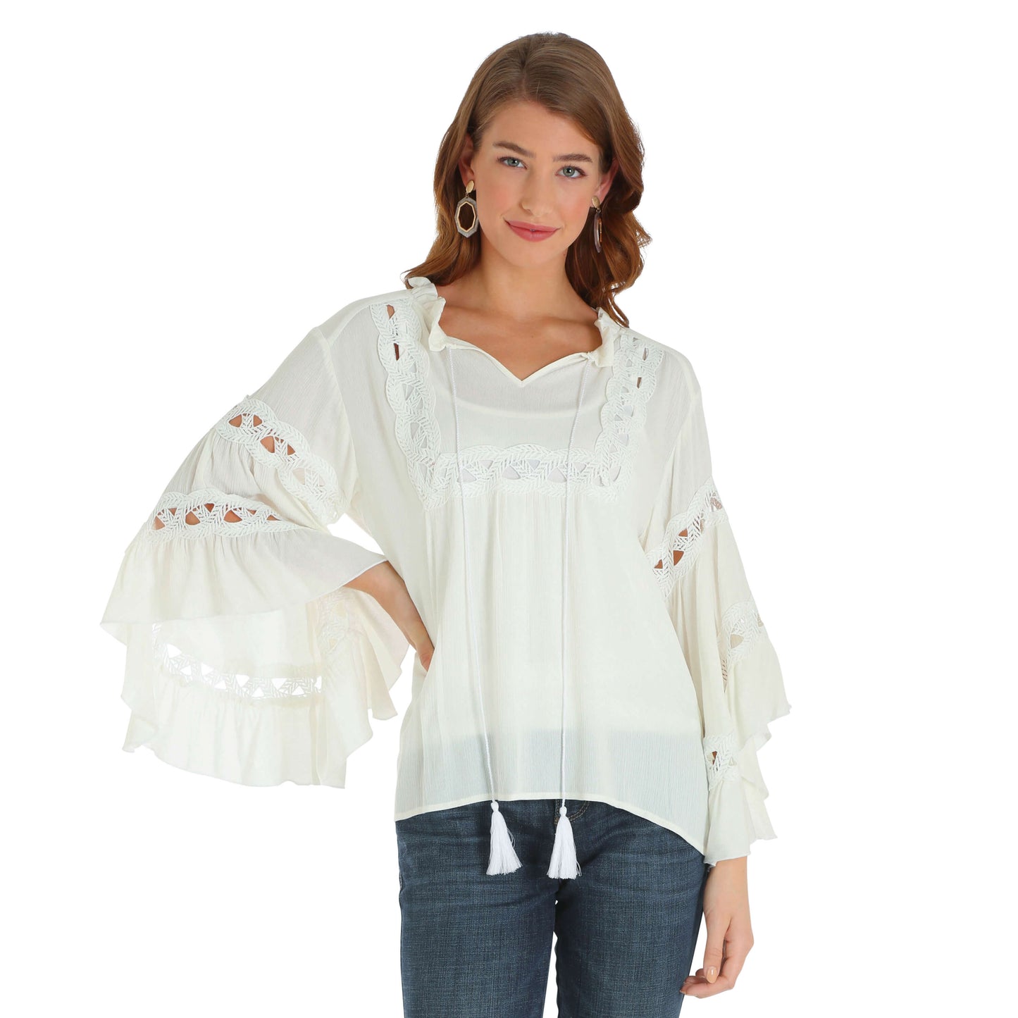 Load image into Gallery viewer, Women&amp;#39;s Wrangler Ivory Long Sleeve Peasant Blouse
