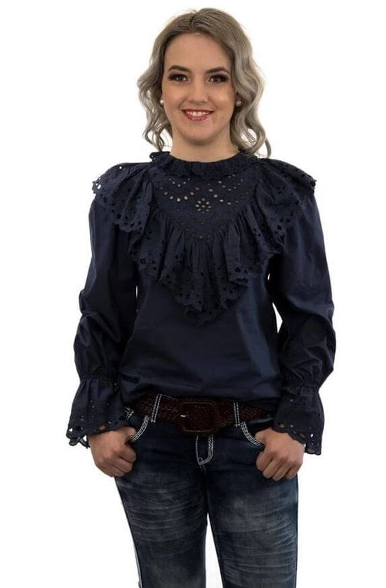 Load image into Gallery viewer, Hitchley &amp;amp; Harrow - Broderie Anglaise Navy Ruffle Top
