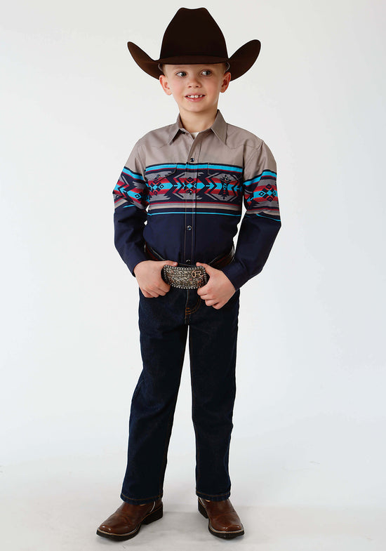 Load image into Gallery viewer, Boy&amp;#39;s Roper West Made Blue Long Sleeve Shirt
