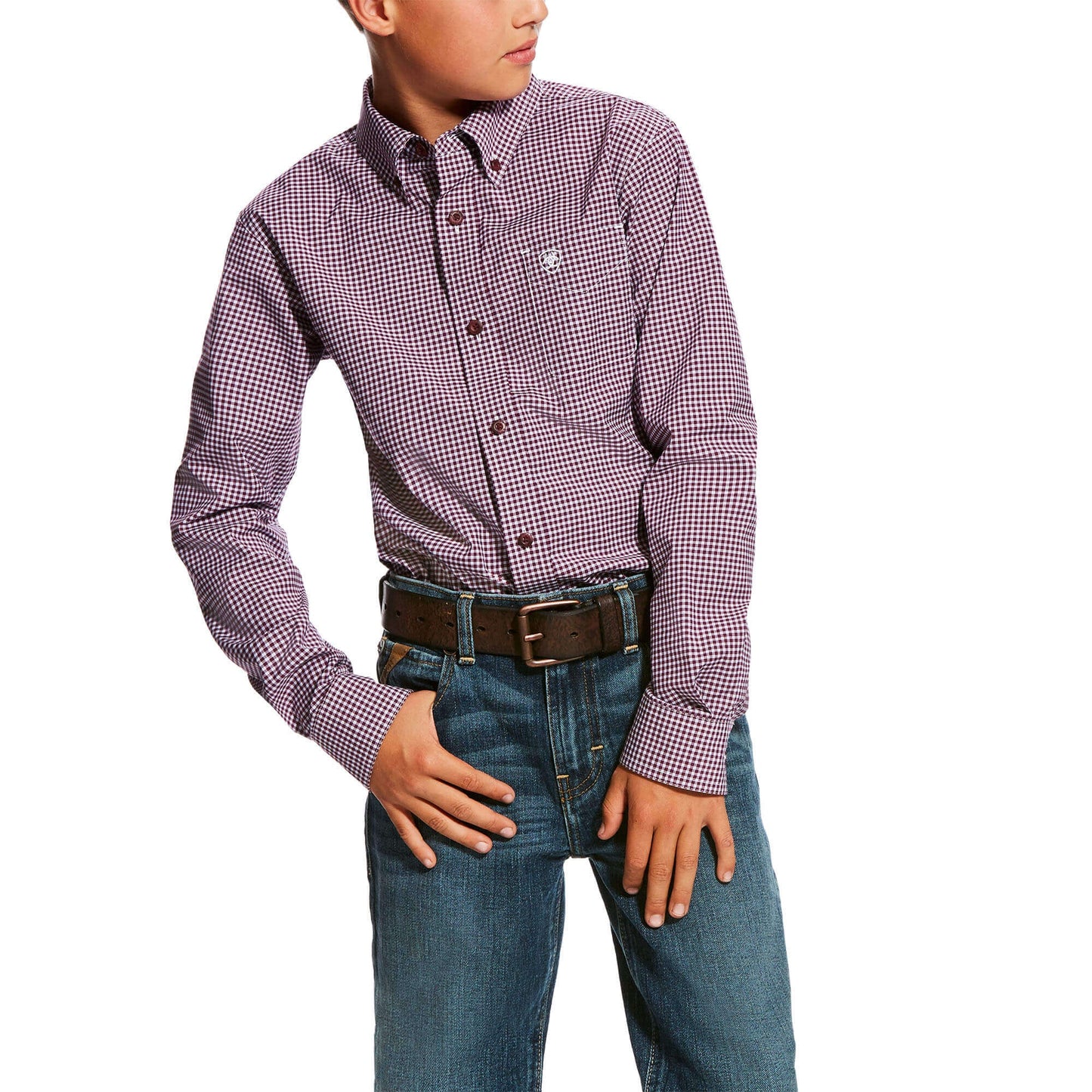 Load image into Gallery viewer, Boy&amp;#39;s Ariat Doug L/S Purple Dahli Performance Shirt
