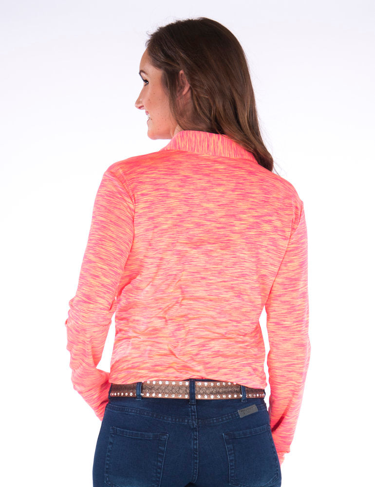 Women's Cowgirl Tuff - Cosmic Coral Stripe Sport Jersey Pullover Button-Up