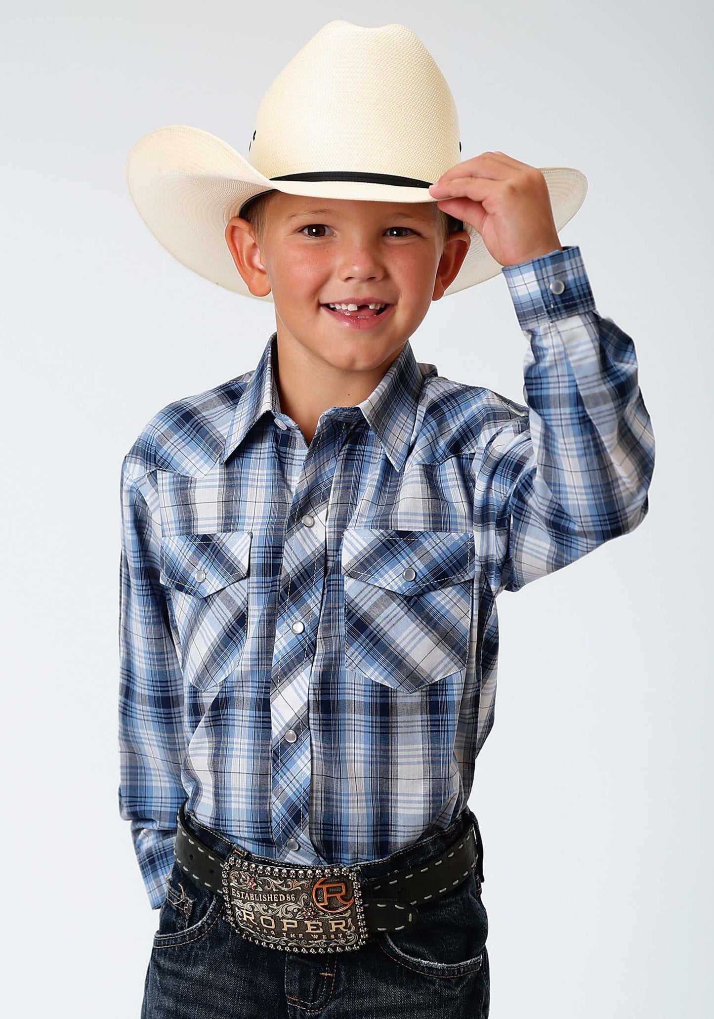 Load image into Gallery viewer, Boy&amp;#39;s Roper Classic Blue Shirt - Diamond K Country
