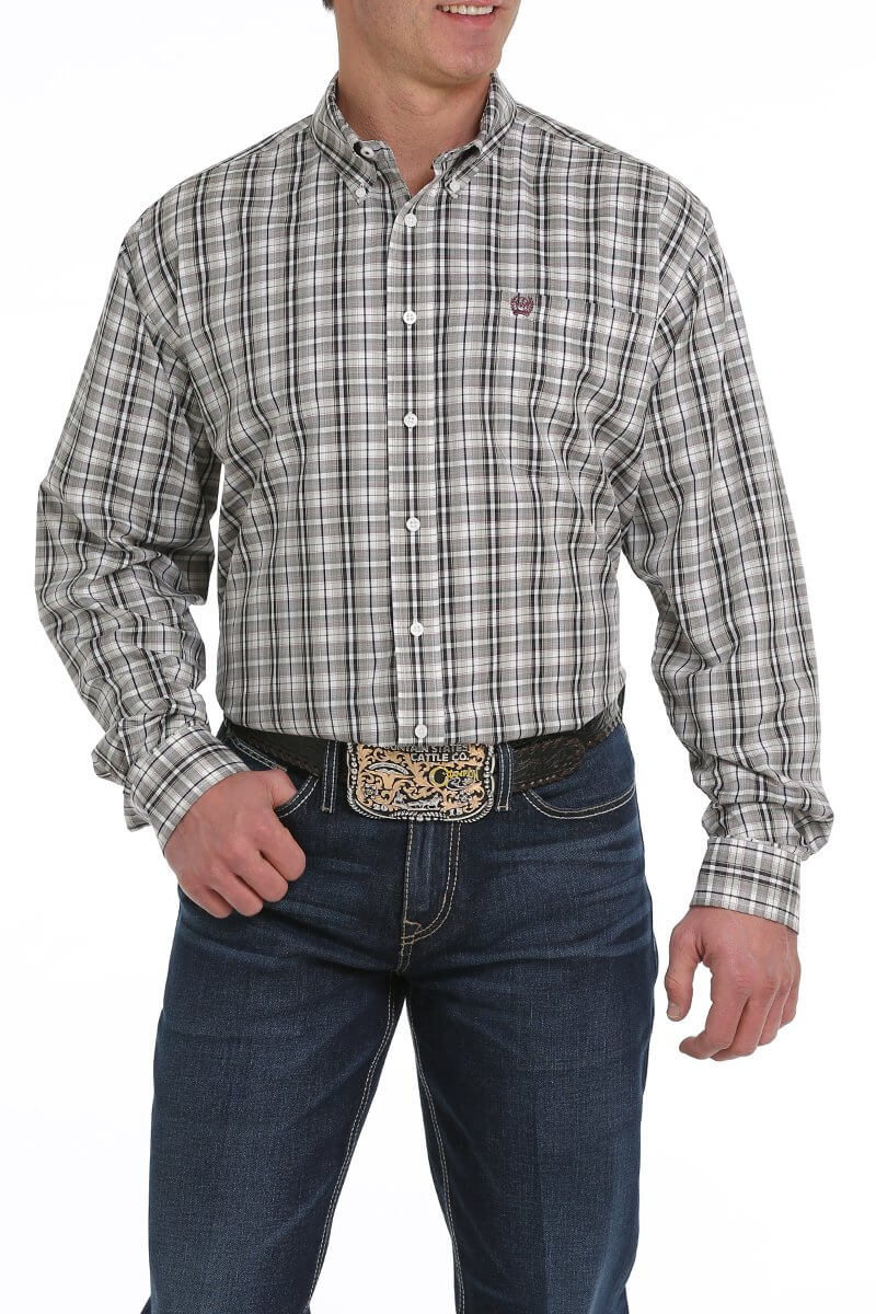 Load image into Gallery viewer, Men&amp;#39;s Cinch Tencel Cream - Olive &amp;amp; Purple Plaid Long sleeve Shirt
