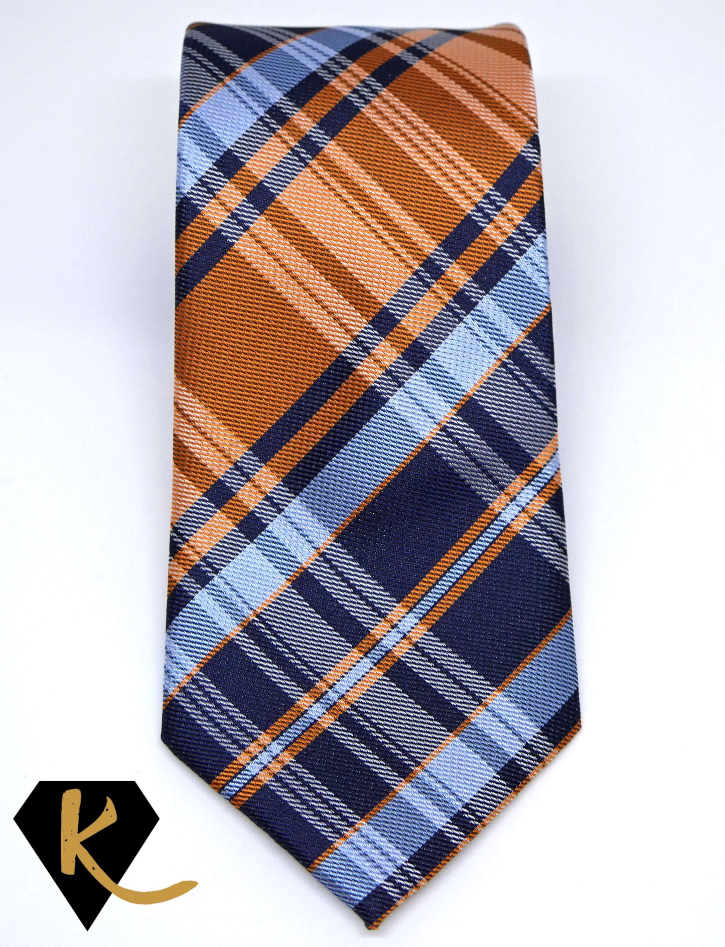 Men's Navy Blue and Orange Plaid Necktie
