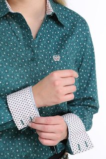 Women's Cinch Maxine Geometric Print Teal Long Sleeve Shirt