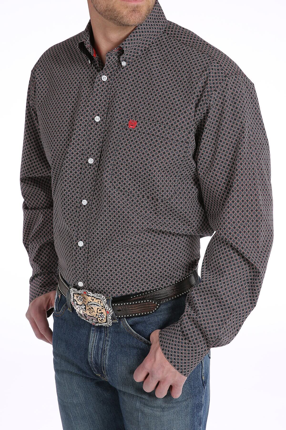 Men's Cinch Black and Red Honeycomb Geometric Print Shirt - Diamond K Country