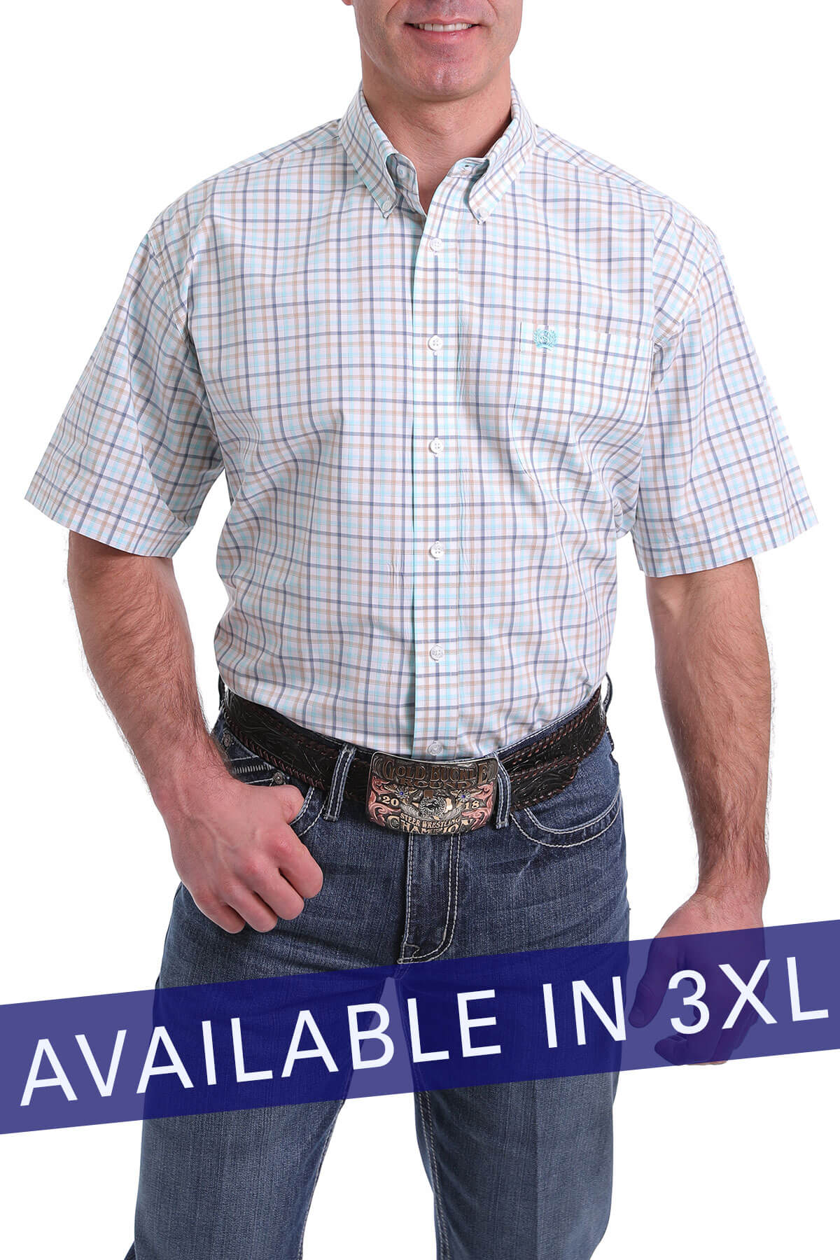 Men's Cinch White Plaid S/S Shirt - 3XL