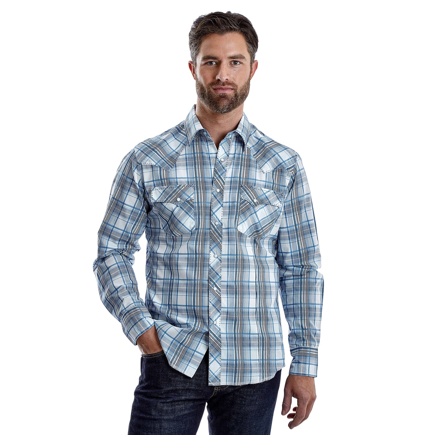 Load image into Gallery viewer, Men&amp;#39;s Wrangler Blue &amp;amp; White Plaid Long Sleeve Shirt
