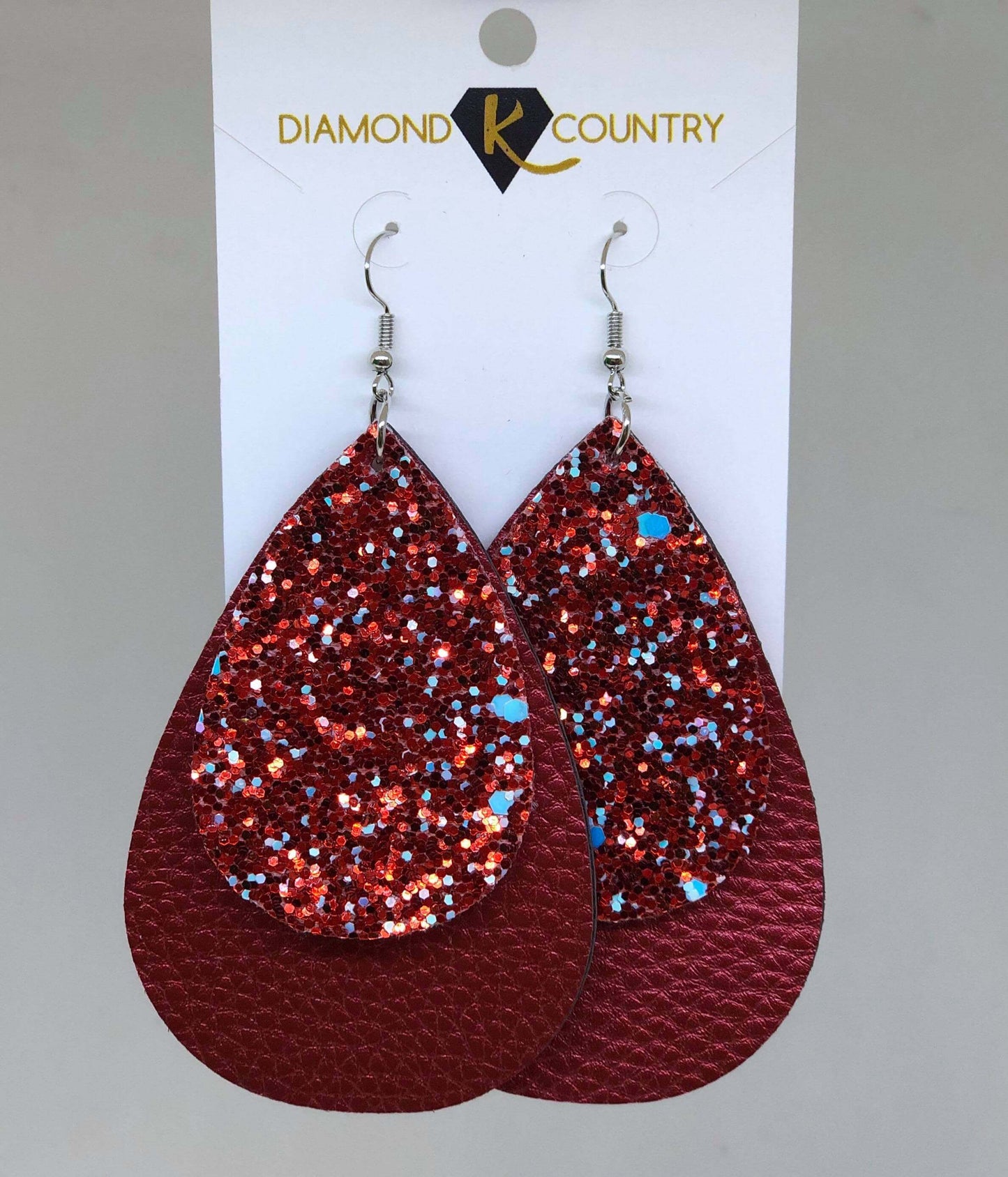 Red Glitter Layered Leather Drop Earrings