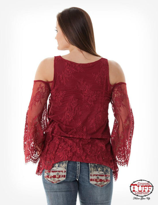Women's Cowgirl Tuff Red Lace Cold Shoulder Shirt