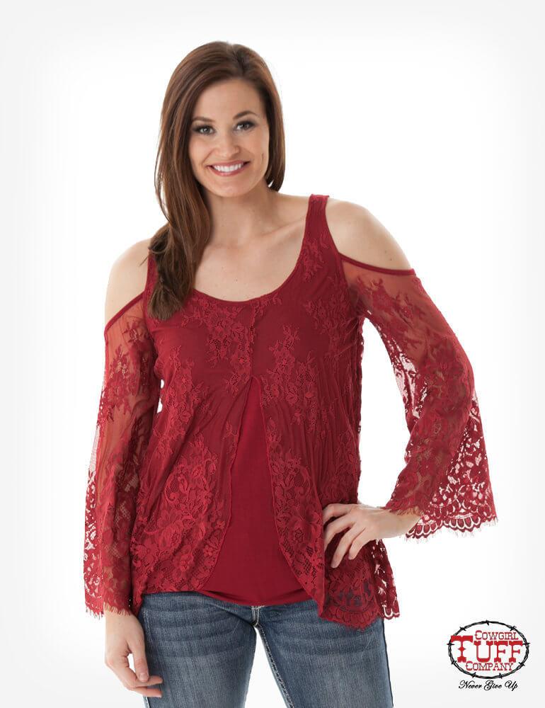 Women's Cowgirl Tuff Red Lace Cold Shoulder Shirt
