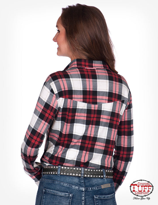 Women's Cowgirl Tuff - Red Plaid Sport Jersey Pullover Button-Up